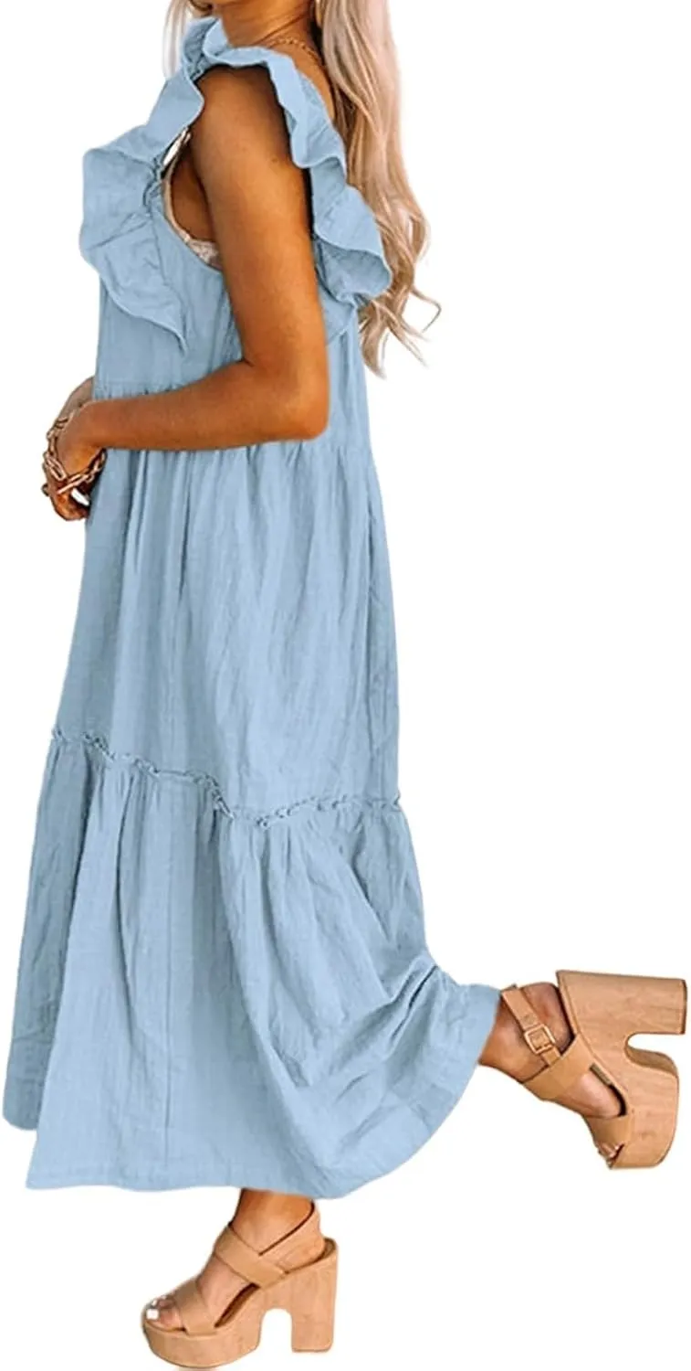 Womens Babydoll Maxi Dress Ruffle Cap Short Sleeve Dresses Tiered Pleated Swing Flowy Long Sundress Summer Outfits