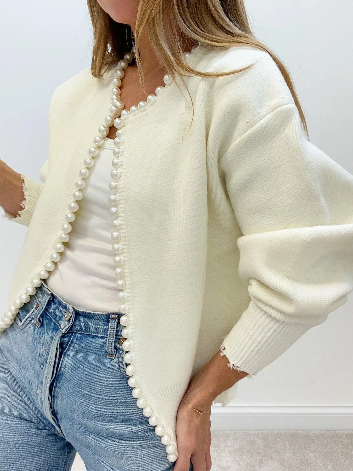 Women's Casual Ripped Knitwear Cardigan with Pearls | Ideal for Autumn/Winter