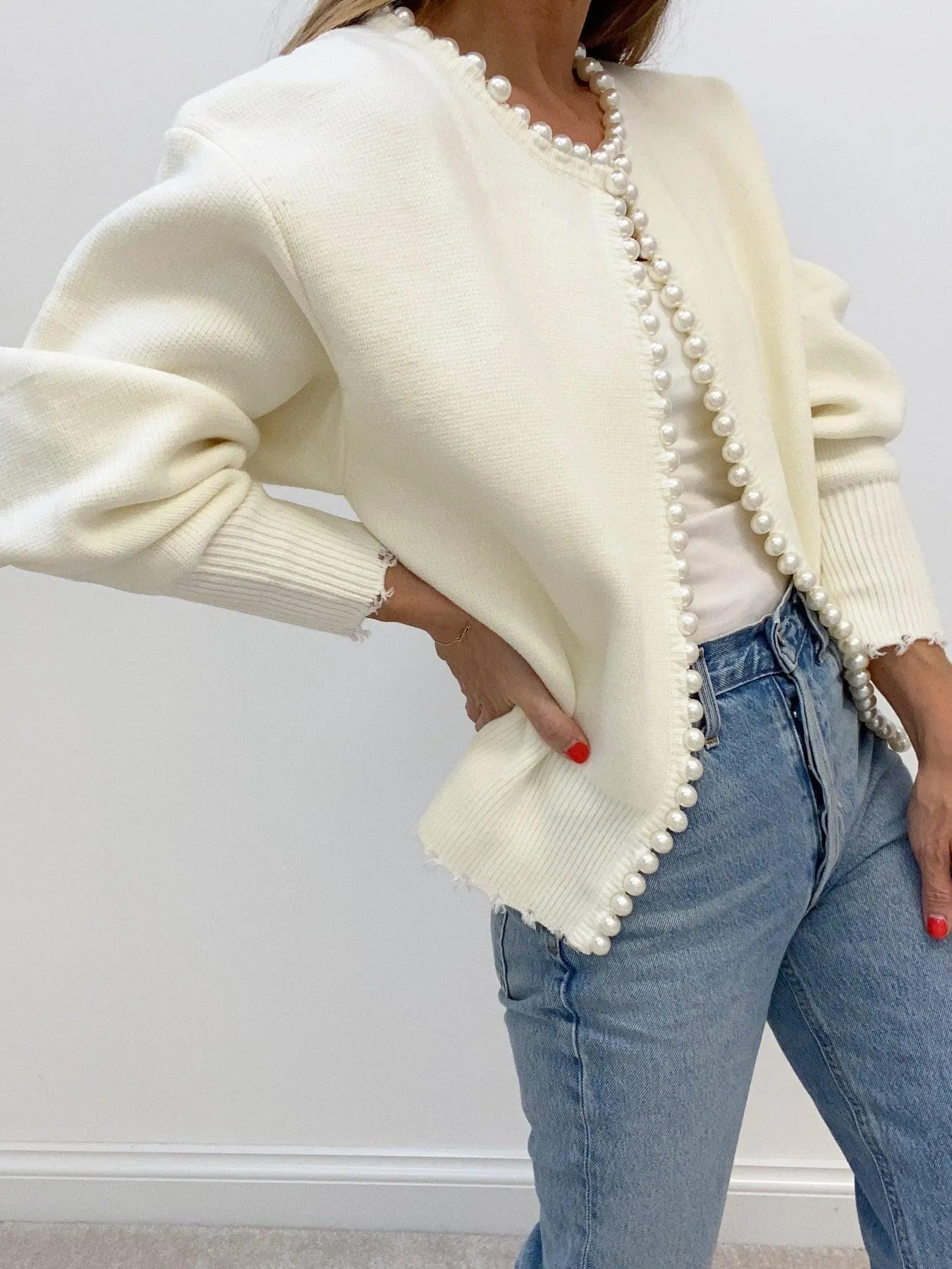 Women's Casual Ripped Knitwear Cardigan with Pearls | Ideal for Autumn/Winter