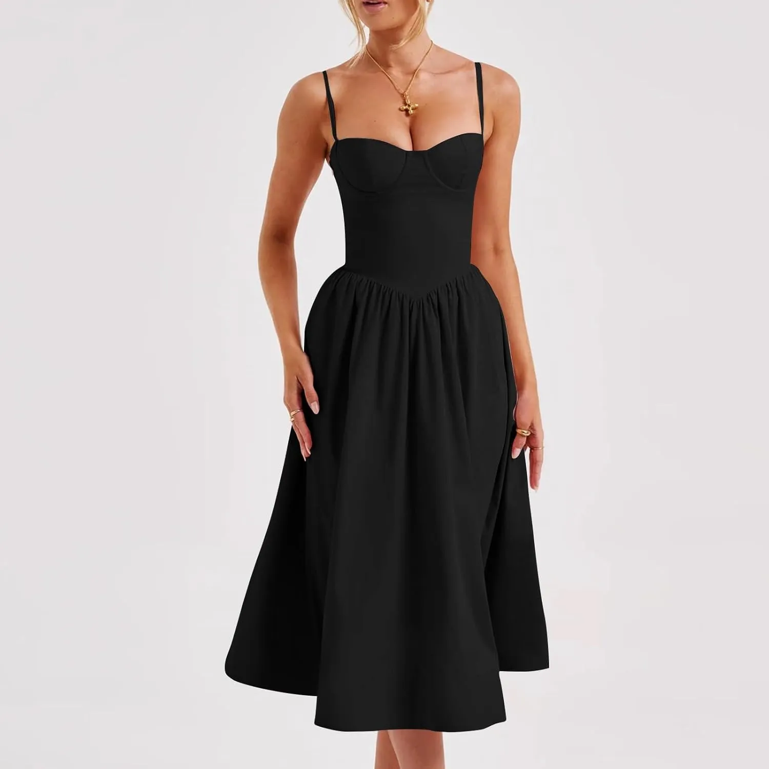 Womens Dress Flowy Pleated Hem Dresses Flowy Midi Dress Swing Party Spaghetti Strap Dresses Travel Vacation Outfits