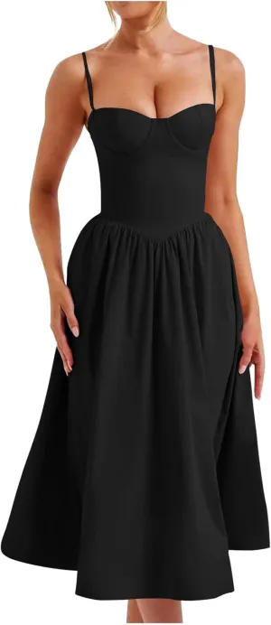 Womens Dress Flowy Pleated Hem Dresses Flowy Midi Dress Swing Party Spaghetti Strap Dresses Travel Vacation Outfits