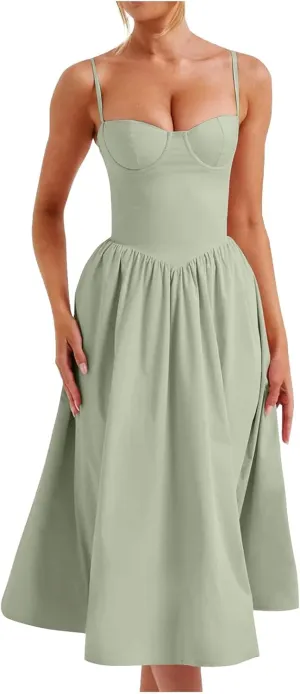 Womens Dress Flowy Pleated Hem Dresses Flowy Midi Dress Swing Party Spaghetti Strap Dresses Travel Vacation Outfits