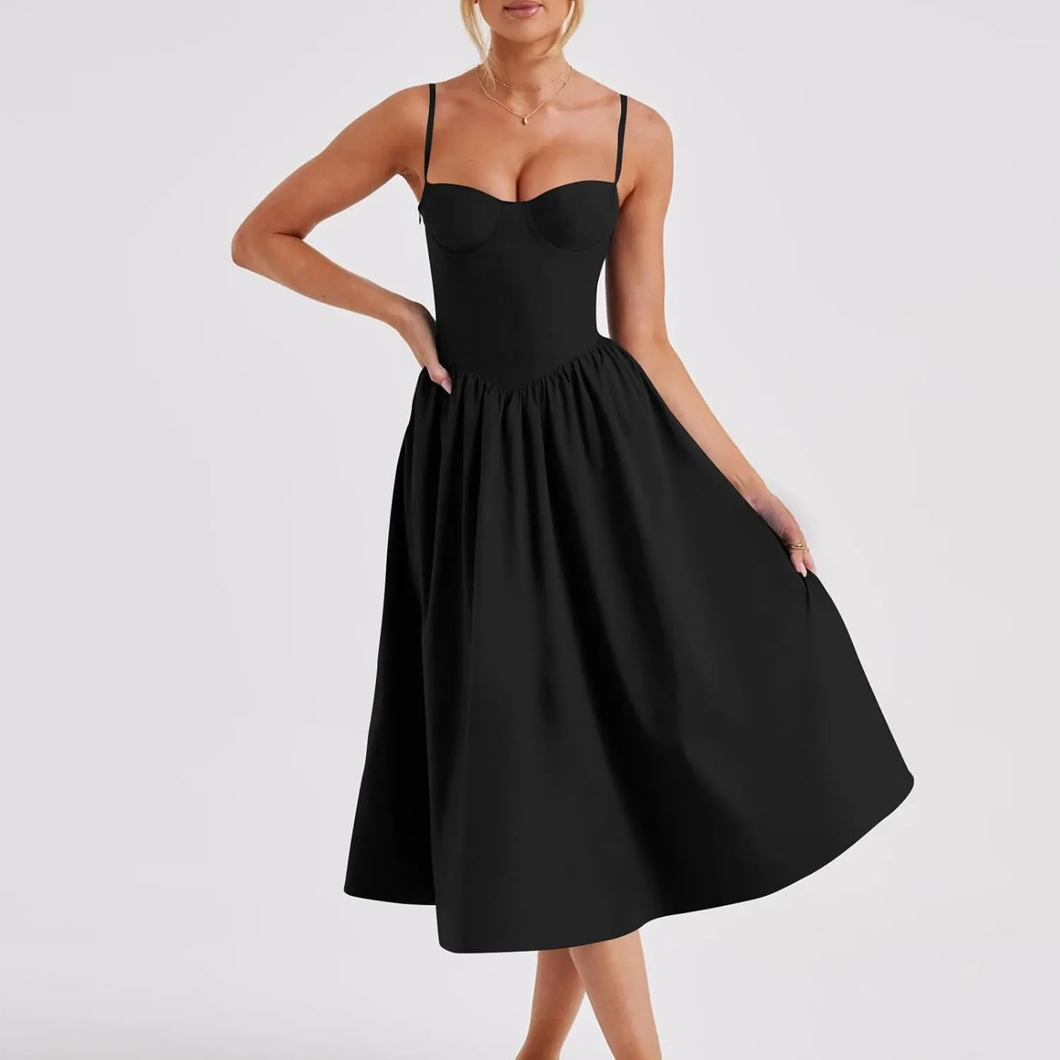 Womens Dress Flowy Pleated Hem Dresses Flowy Midi Dress Swing Party Spaghetti Strap Dresses Travel Vacation Outfits