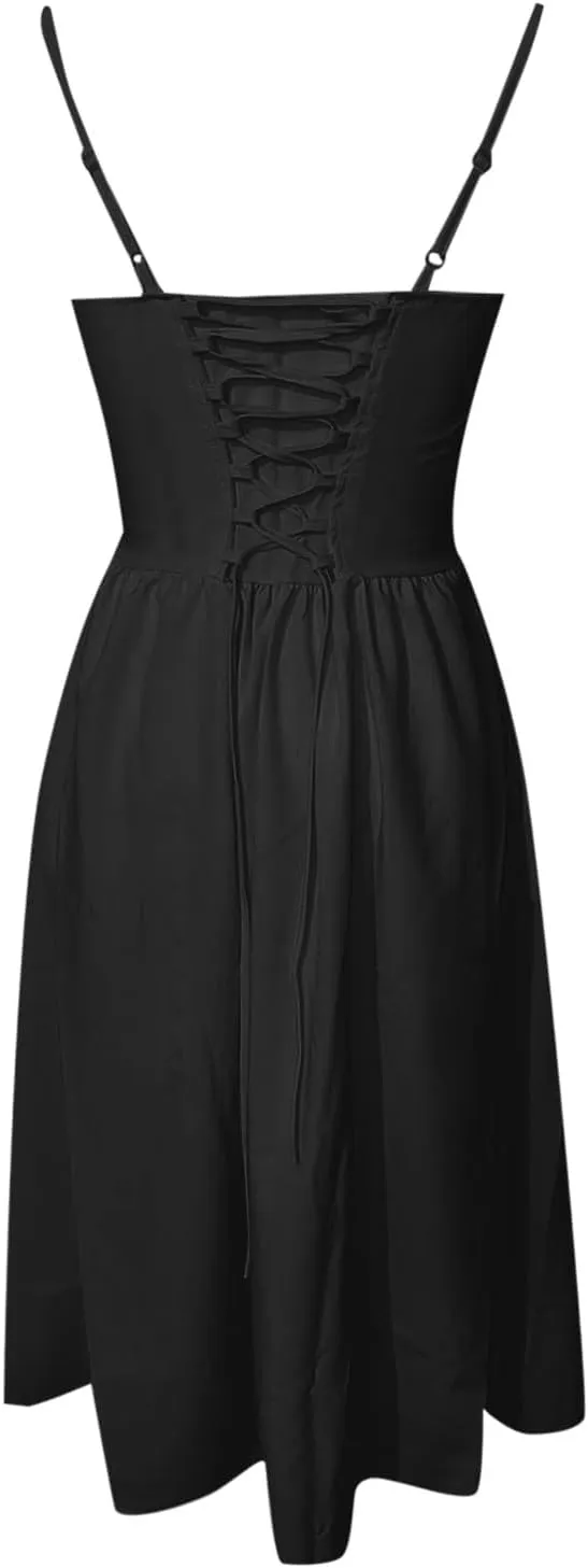 Womens Dress Flowy Pleated Hem Dresses Flowy Midi Dress Swing Party Spaghetti Strap Dresses Travel Vacation Outfits