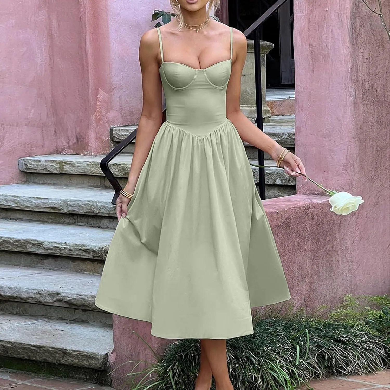 Womens Dress Flowy Pleated Hem Dresses Flowy Midi Dress Swing Party Spaghetti Strap Dresses Travel Vacation Outfits
