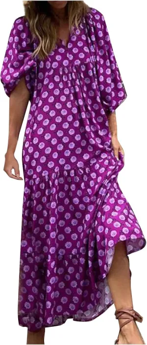 Women's Dresses Summer Maxi Dresses 2024 Casual Loose Swing Printed Midi Sleeve Dresses Beach, S-2XL