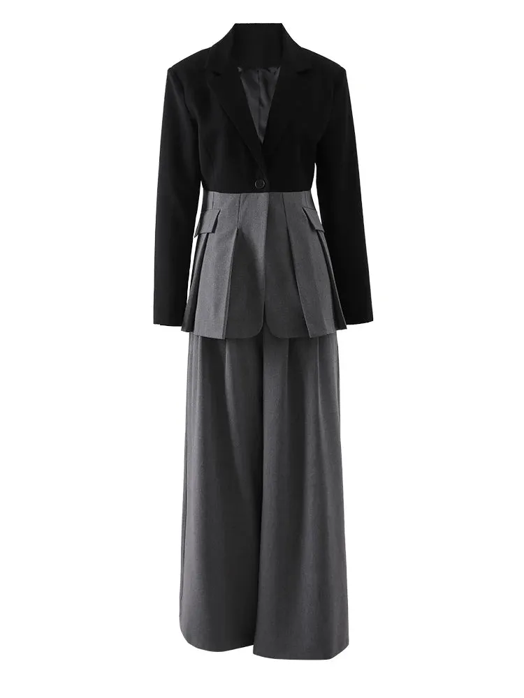 Women's Elegant Pleated Blazer & Trousers Suit Set