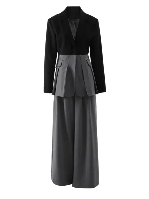 Women's Elegant Pleated Blazer & Trousers Suit Set