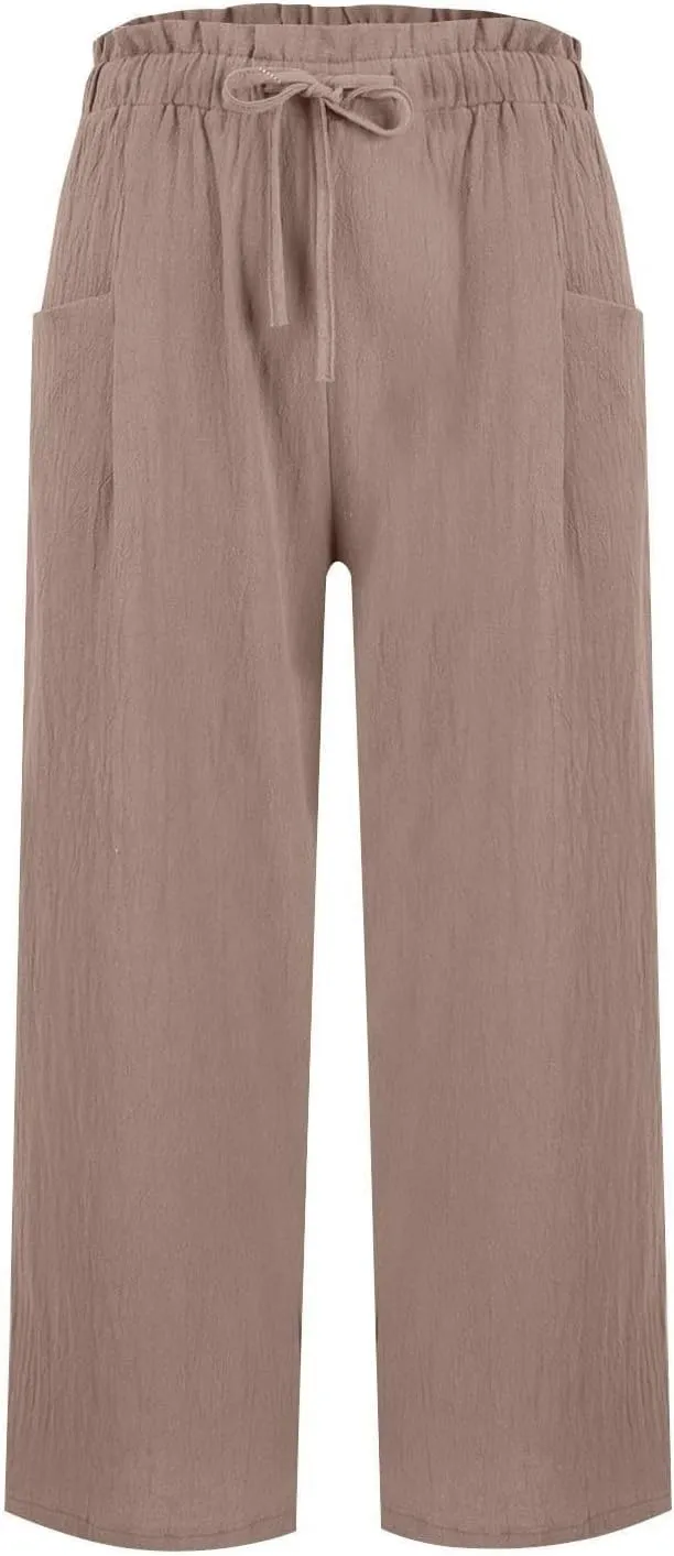Women's Linen Pants Casual Drawstring High Waisted Wide Leg Capri Pant Summer Baggy Palazzo Trousers with Pockets