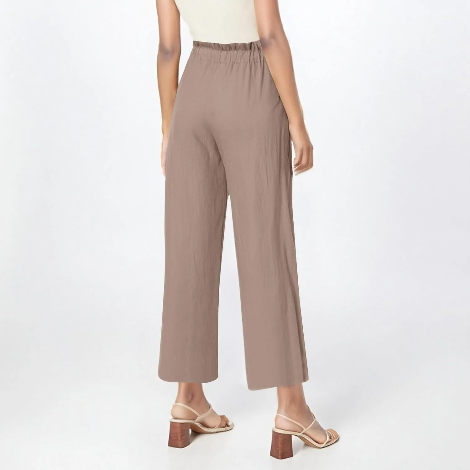 Women's Linen Pants Casual Drawstring High Waisted Wide Leg Capri Pant Summer Baggy Palazzo Trousers with Pockets