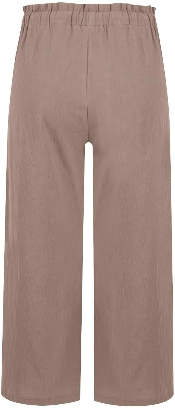 Women's Linen Pants Casual Drawstring High Waisted Wide Leg Capri Pant Summer Baggy Palazzo Trousers with Pockets