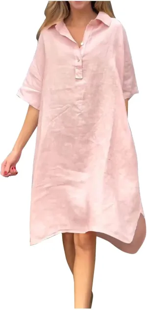 Women's Oversized Dresses Plus Size Boho Dress Casual Fashion Soft V Neck Button Dress Solid Short Sleeve Dress