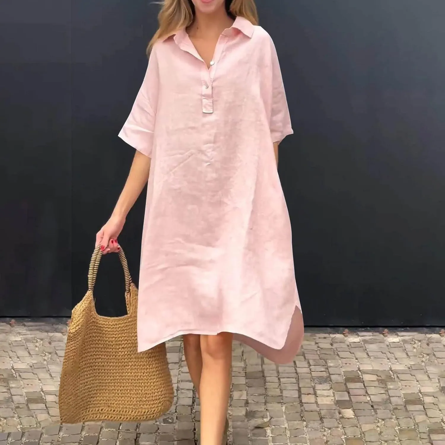 Women's Oversized Dresses Plus Size Boho Dress Casual Fashion Soft V Neck Button Dress Solid Short Sleeve Dress