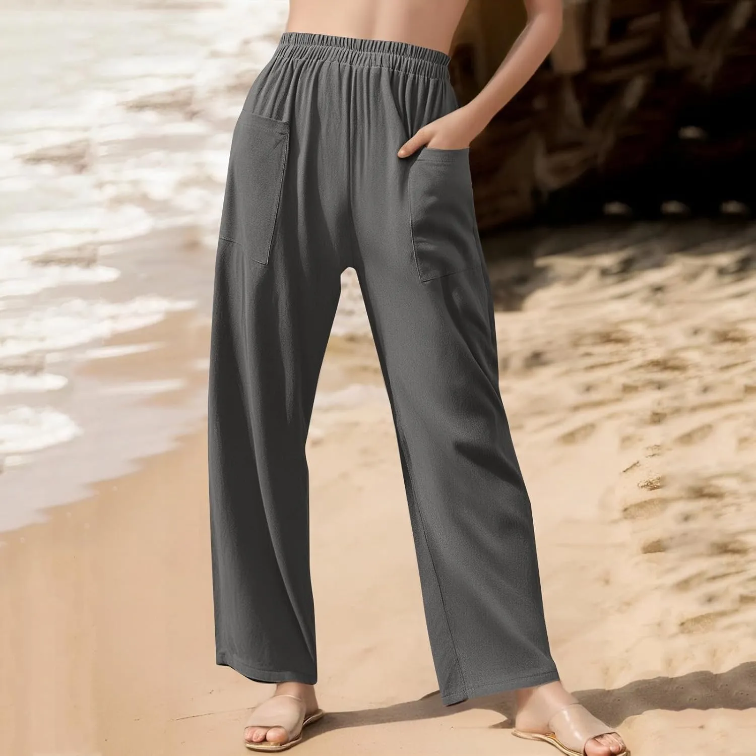 Womens Palazzo Pants Casual Beach Linen Pants High Waist Summer Casual Wide Leg Pant Loose Trouser with Pockets