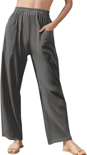 Womens Palazzo Pants Casual Beach Linen Pants High Waist Summer Casual Wide Leg Pant Loose Trouser with Pockets
