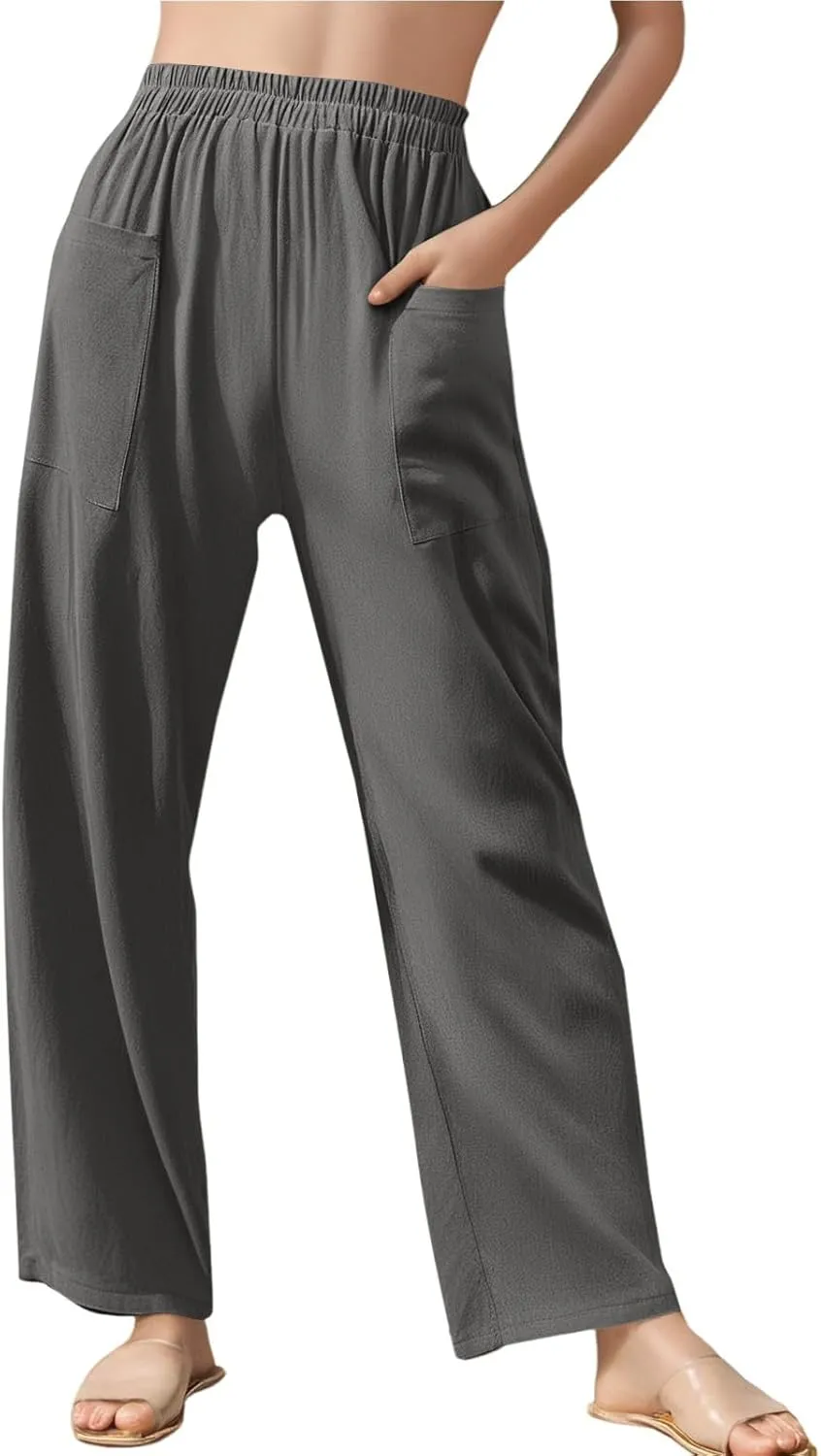 Womens Palazzo Pants Casual Beach Linen Pants High Waist Summer Casual Wide Leg Pant Loose Trouser with Pockets
