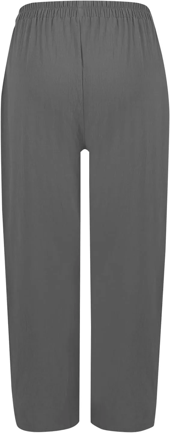 Womens Palazzo Pants Casual Beach Linen Pants High Waist Summer Casual Wide Leg Pant Loose Trouser with Pockets