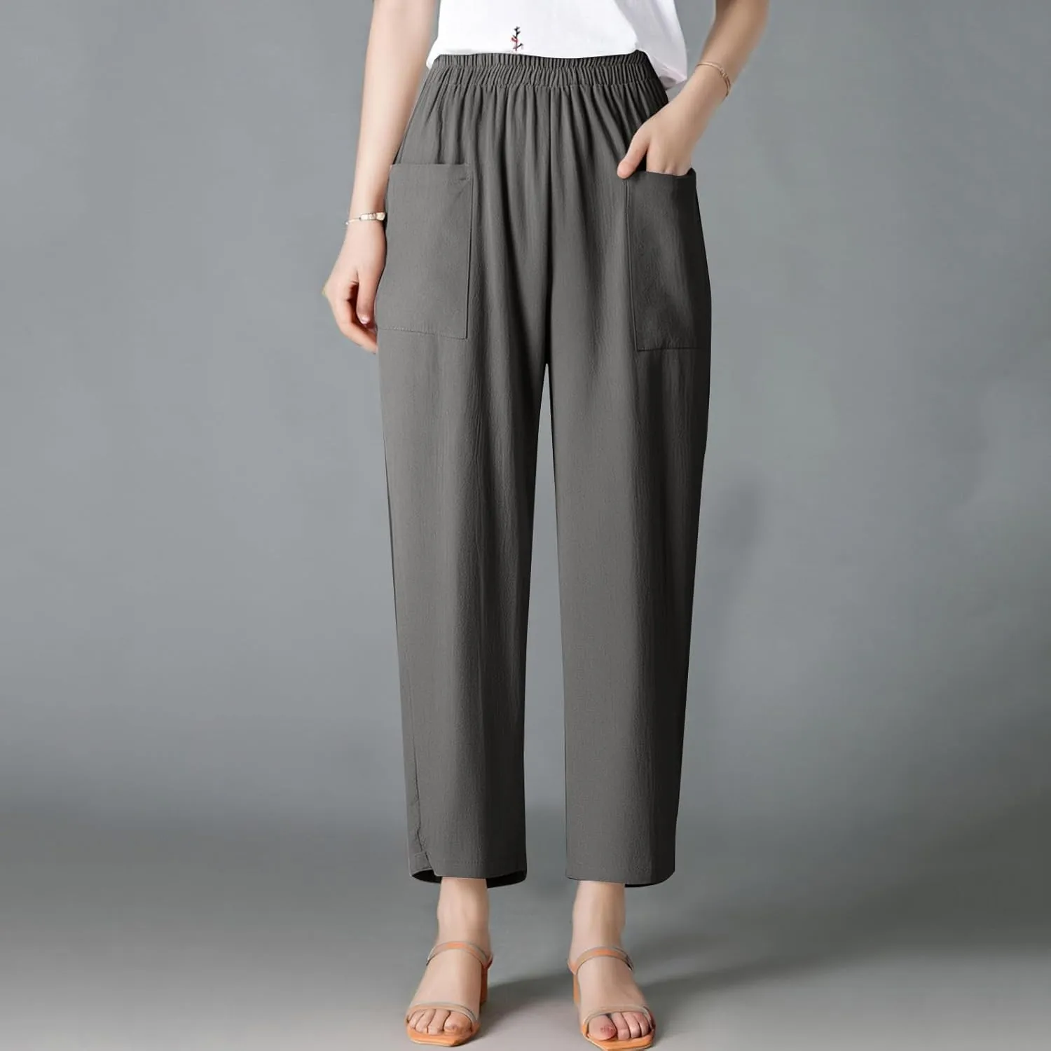 Womens Palazzo Pants Casual Beach Linen Pants High Waist Summer Casual Wide Leg Pant Loose Trouser with Pockets