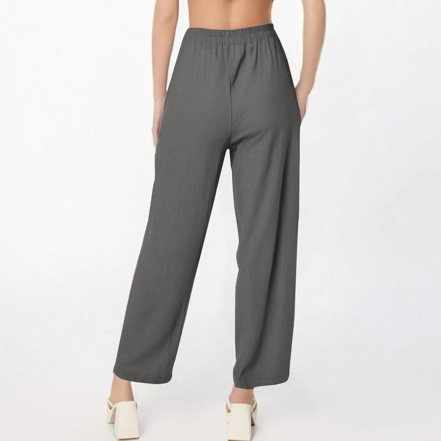 Womens Palazzo Pants Casual Beach Linen Pants High Waist Summer Casual Wide Leg Pant Loose Trouser with Pockets