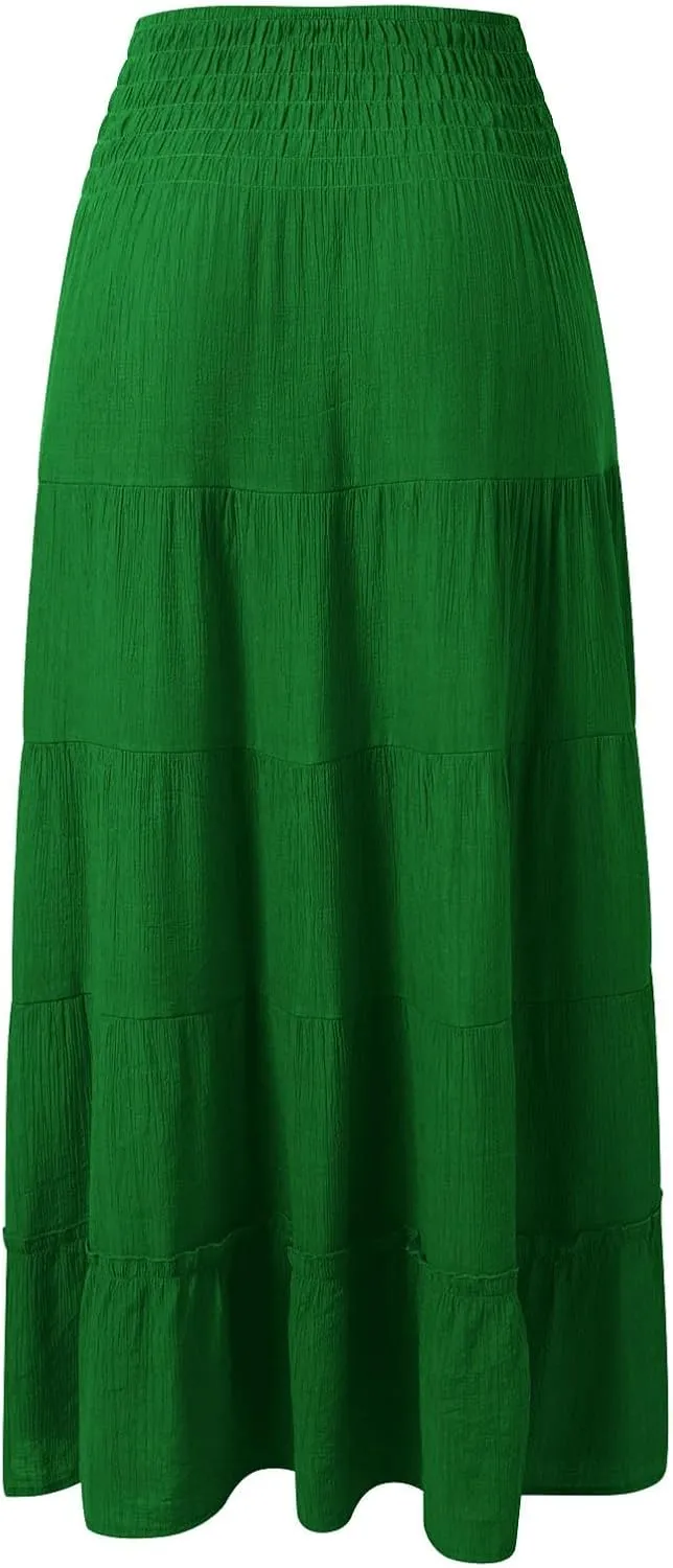 Women's Smocked Floral Maxi Skirts Ruffled 2025 Summer Tube Dresses Flowy Boho Long A Line Pleated Beach Casual Skirt