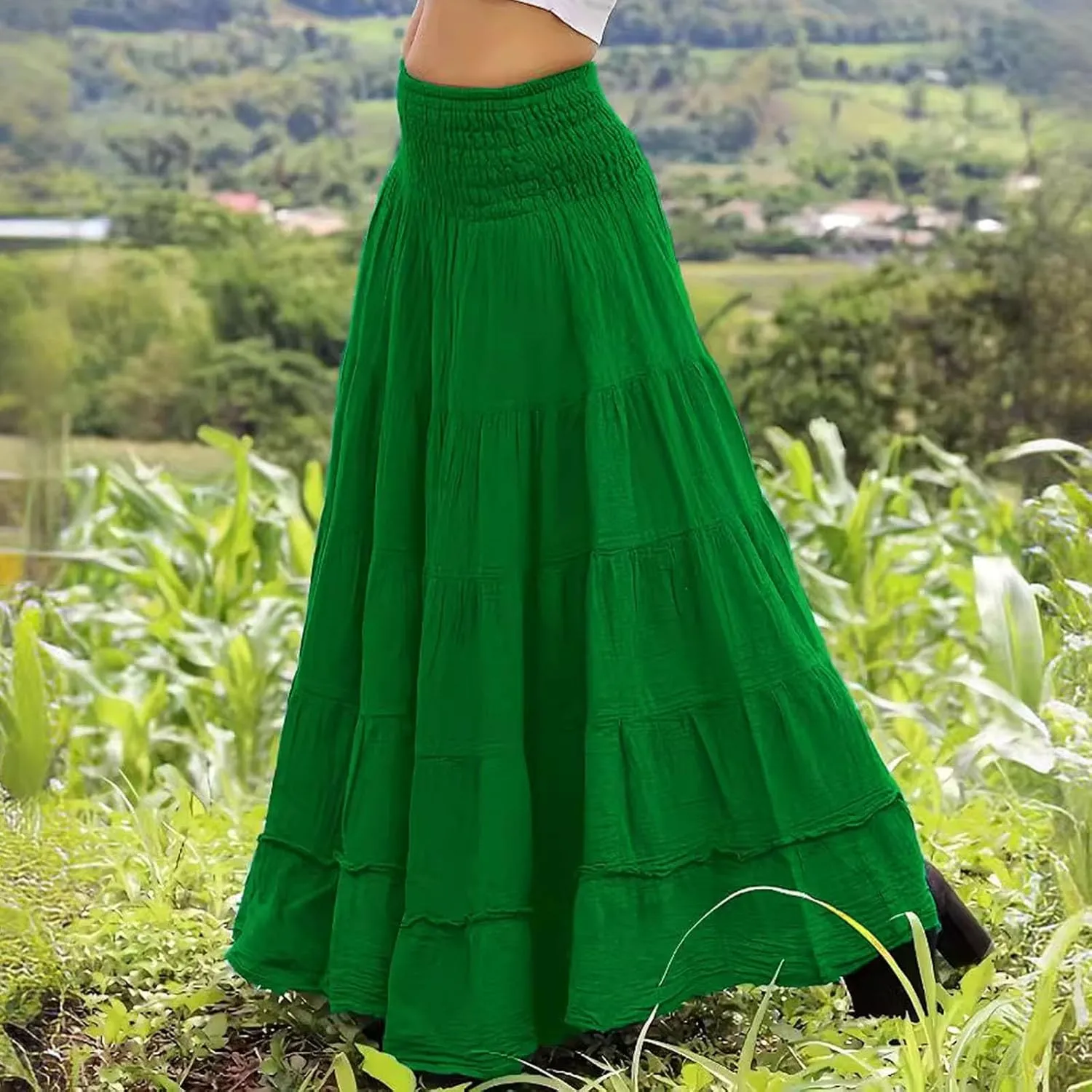Women's Smocked Floral Maxi Skirts Ruffled 2025 Summer Tube Dresses Flowy Boho Long A Line Pleated Beach Casual Skirt