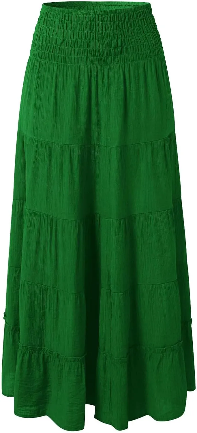 Women's Smocked Floral Maxi Skirts Ruffled 2025 Summer Tube Dresses Flowy Boho Long A Line Pleated Beach Casual Skirt