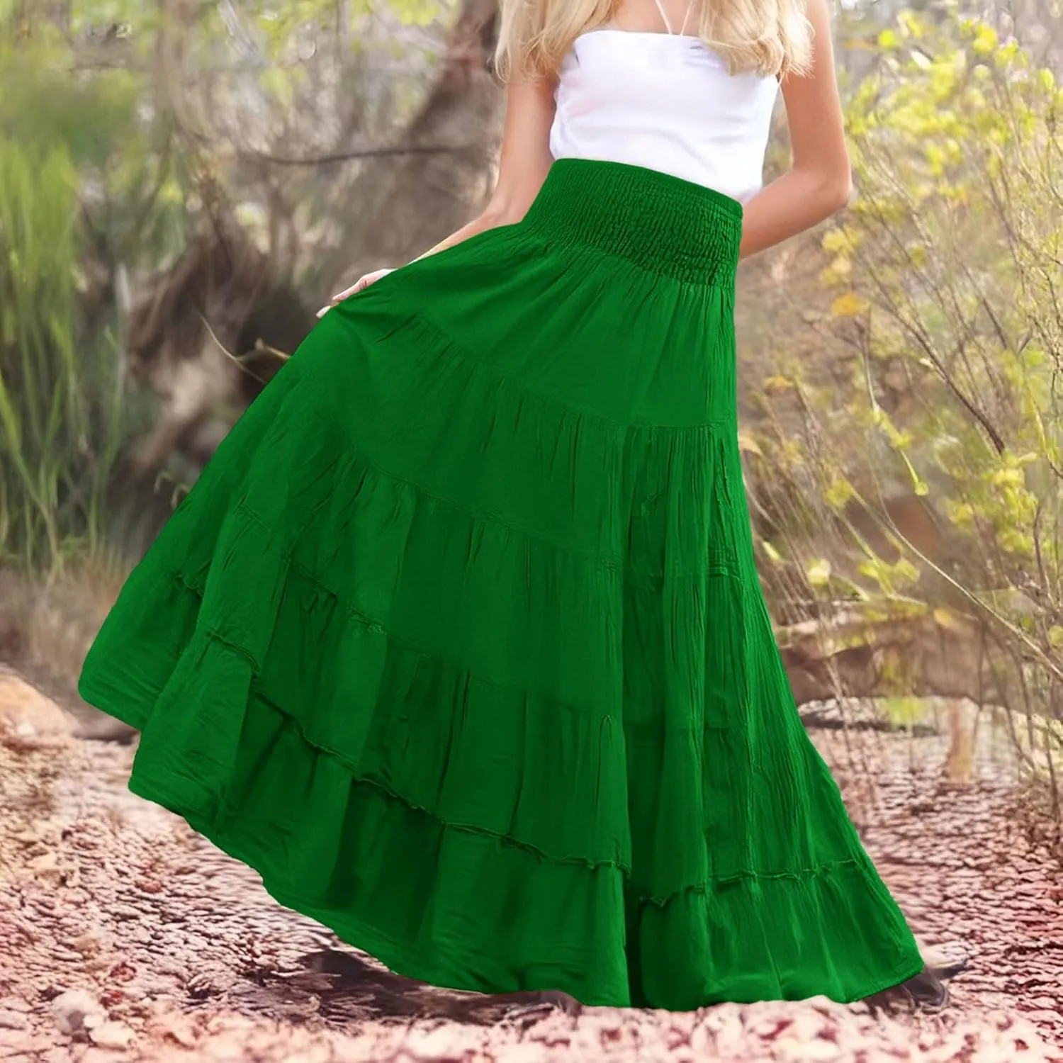 Women's Smocked Floral Maxi Skirts Ruffled 2025 Summer Tube Dresses Flowy Boho Long A Line Pleated Beach Casual Skirt
