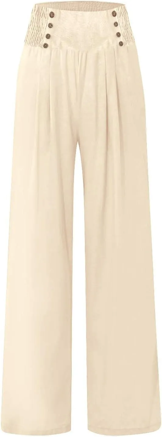 Women's Summer Pants, Drawstring High Waist Linen Palazzo Pants Wide Leg Lounge Pant Trousers with Pockets
