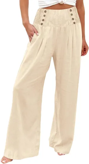 Women's Summer Pants, Drawstring High Waist Linen Palazzo Pants Wide Leg Lounge Pant Trousers with Pockets