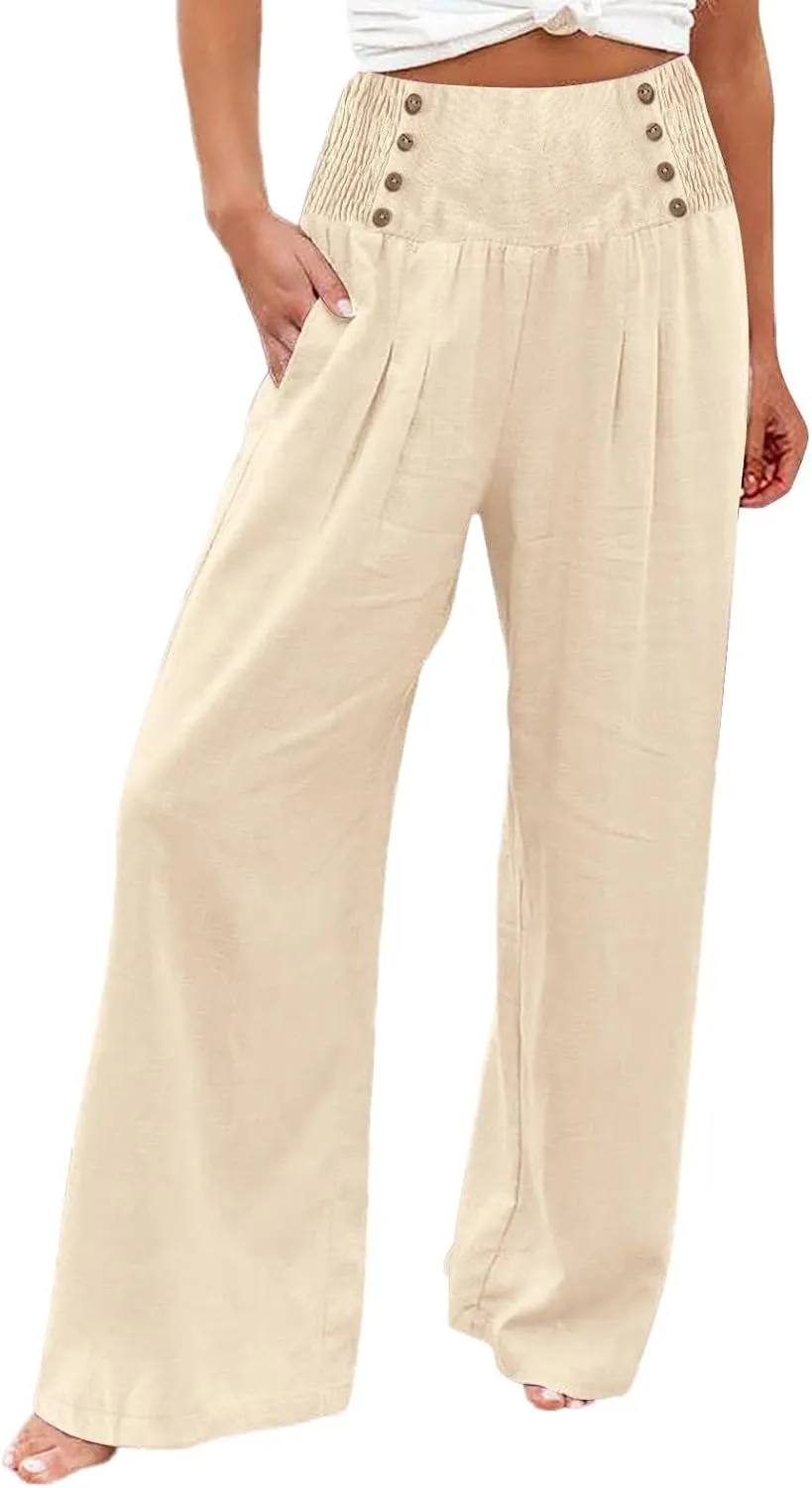 Women's Summer Pants, Drawstring High Waist Linen Palazzo Pants Wide Leg Lounge Pant Trousers with Pockets