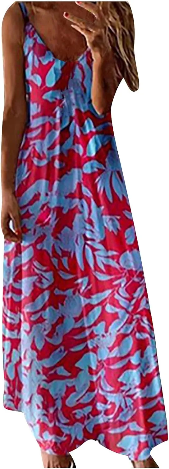 Women's Summer Spaghetti Strap Elegant Long Dresses Plus Size Vacation Flowy Beach Dress Loose Floor Length Dress Flowy Dresses for Women Red XL