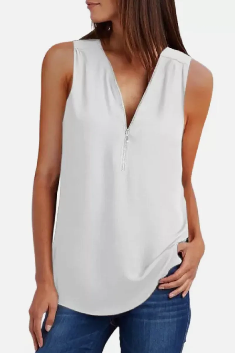 Zip Neckline Sleeveless Blouse
